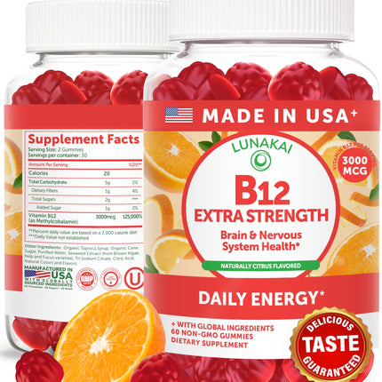 Lunakai USA Made Vitamin B12 Gummies 3000mcg, B12 Vitamins for Energy, Brain & Metabolism Support, Methylcobalamin for Adults, Women & Men, Non-GMO Vegan, 60 Daily Gummy Vitamins
