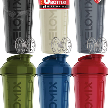 VELOMIX -6 PACK- 28 oz Protein Shaker Bottle for Protein Mixes - 6x Wire Whisk | Leak Proof Shaker Cups for Protein Shakes | Protein Shaker Bottle Pack | Protein Shake Cup (Stealth Edition)