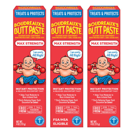 Boudreaux’s Butt Paste Maximum Strength Diaper Rash Cream, 4 Oz, Pack of 3