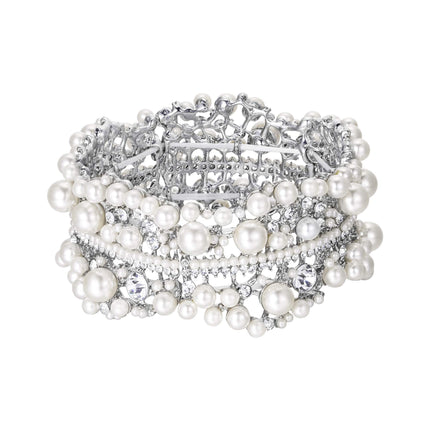 EVER FAITH Crystal Pearl Flower Bridal Stretch Bracelet for Women Bride