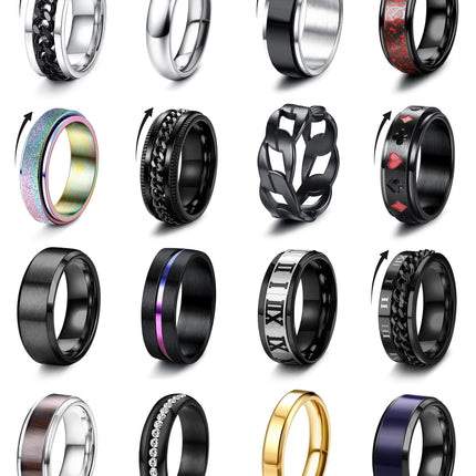 Besteel 16Pcs Stainless Steel Spinner Fidget Rings for Men Women Size 8