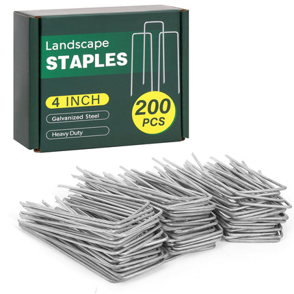 CEWOR 200 Pack Landscape Staples 4 Inches, Galvanized Metal Garden Stakes Landscaping Landscape Fabric Staples Sod Pins for Lawn, Barrier Fabric, Garden Fence, Ground Cover