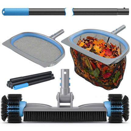 UIRWAY 4-in-1 Deluxe Swimming Pool Cleaning Kit - Includes Detachable Pool Brush, Heavy Duty Deep Leaf Skimmer Net, Fine Mesh Net, Extendable Aluminum Pole for Inground & Above Ground Pools Cleaning
