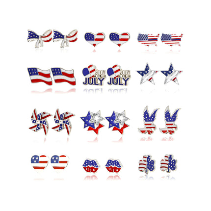 Dreuyet 12 Pairs 4th of July Earrings Set for Women American Flag Patriotic Stud Earrings Red White Blue USA Flag Jewelry for Independence Day Memorial Day Party Gifts (Red)