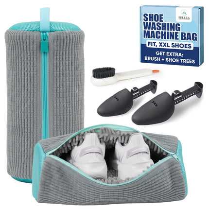 Shoe Washing Machine Bag –2 Pcs Reusable Laundry Shoe Bag with Brush & Shoe Trees, 360° Deep Cleaning Sneaker Washing Machine Bag, Fits All Shoe Types & Sizes (Yellow, 14.8 × 7.4 Inches) (2PCS Grey)