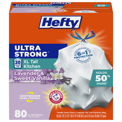 Hefty Ultra Strong 20 Gallon Trash Bags, XL Tall Kitchen Trash Bags 20 Gallon Size, Drawstring Closure, Continuous Odor Control, White, Lavender and Sweet Vanilla Scent, 80 Bags