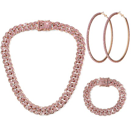 Batiyeer 3pcs Cuban Link Necklace Bracelet Set Women,18 Inch;Rose Gold Pink