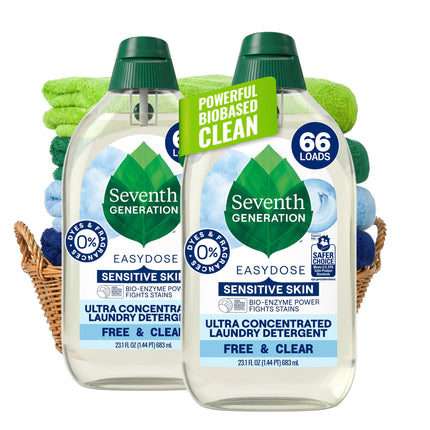 Seventh Generation Ultra Concentrated Free & Clear Laundry Detergent, 23.1 fl oz, 2 Pack, No Dyes or Fragrance, EasyDose Cap, Sensitive Skin Liquid Laundry Soap Targets Stains and Everyday Messes