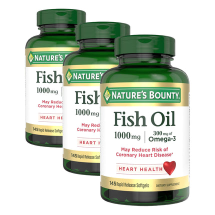 Nature's Bounty Fish Oil, Supports Heart Health, 1000mg, Rapid Release Softgels, 145 Ct (Pack of 3)