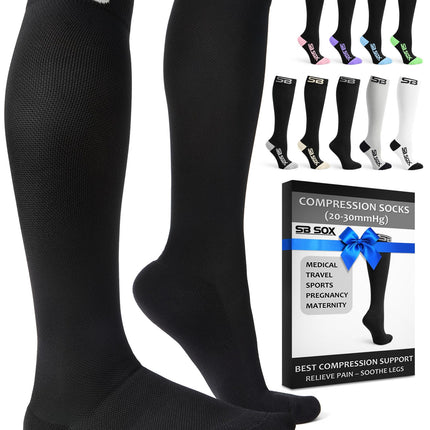 SB SOX Compression Socks for Men & Women (20-30mmHg) – Best Compression Socks for Flying, Medical, Sports, Wide Calf Fit, and Daily Wear (Solid Black, Large)