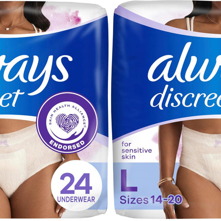 Always Discreet Sensitive, Incontinence & Postpartum Underwear for Women, Maximum Plus Protection, Large, 24 Count (Pack of 2)