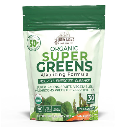 Country Farms Super Greens Natural Flavor, 50 Organic Super Foods, USDA Organic Drink Mix (Wheat Grass, Spirulina, Chlorella) Mushrooms & Probiotics, Fiber, Gut Health, Natural Energy, 30 Servings