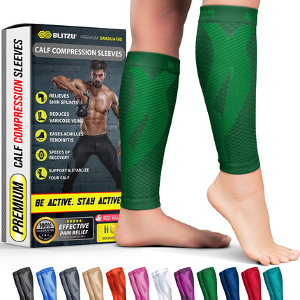 BLITZU Calf Compression Sleeves for Men and Women. Footless Compression Socks Support for Varicose Vein, Nursing, Running. Leg Sleeve Brace for Shin Splints, Pain Relief & Reduces Swelling Green L-XL