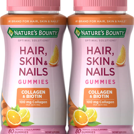 Nature's Bounty Hair, Skin & Nails with Biotin and Collagen, Citrus-Flavored Gummies Vitamin Supplement, Supports Hair, Skin, and Nail Health for Women, 2500 mcg, 80 Ct (2 Pack), 80 Total Servings