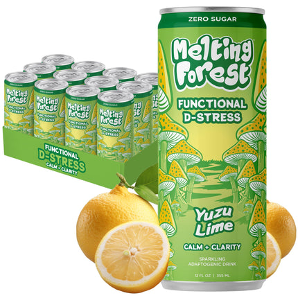 Melting Forest Functional Mushroom D-Stress - Adaptogen Drink with L-Theanine, Reishi, Lion's Mane & Magnesium - Relaxation Drinks for Stress Relief - Zero Sugar, 5 Calories - Yuzu Lime (12-Pack)