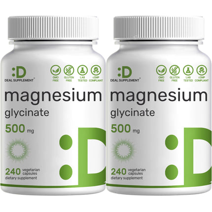 Deal Supplement Magnesium Glycinate 500mg, 480 Veggie Capsules | 100% Chelated for Easy Absorption | Essential Mineral Supplement | Non-GMO, Gluten-Free