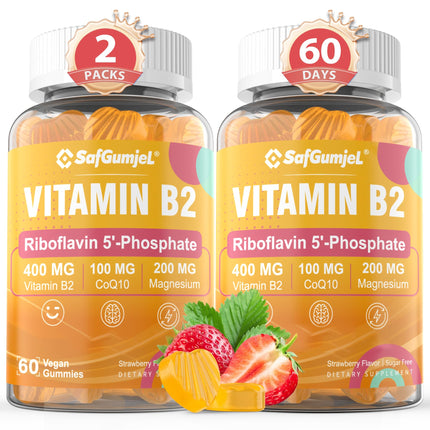 Safgumjel Vitamin B2 Gummies | Riboflavin 400mg for Adults and Kids | with Magnesium & CoQ10 for Energy & Migraine Relief | Sugar Free B2 Vitamin VIT B | Non GMO, Vegan, 120 Count