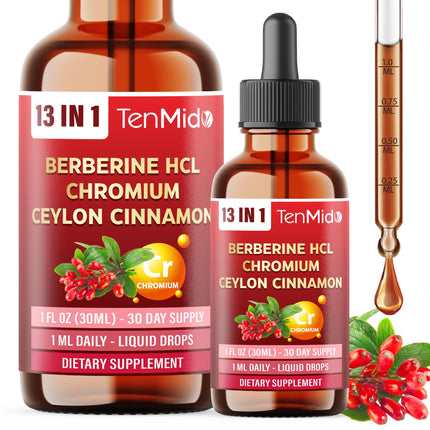 Tenmido 13in1 Berberine Liquid Drops with Chromium, Ceylon Cinnamon, Bitter Melon, Turmeric, Green Tea, Ginseng, Sylvestre, Moringa, Apple Cider Vinegar & More - 30 Days Supply - 1FL Oz