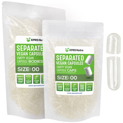 XPRS Nutra Vegan Size 00 Separated Capsules - 1000 Count Premium Empty Capsules Separated in Bags - Clear Empty 00 Pills for DIY Supplement Filling