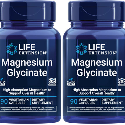 Life Extension Magnesium Glycinate, Heart Health, Bone Health, Nerve and Muscle Support, Highly absorbable, Gluten-Free, Non-GMO, Vegetarian, 90 Capsules (Pack of 2)