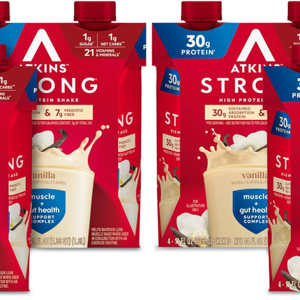 Atkins Strong High Protein Shake,Vanilla Flavored,30g Protein,Low Carb and Low Sugar Shake,Keto Friendly,Gluten Free,Muscle and Gut Health Support Complex,(Pack of 24)