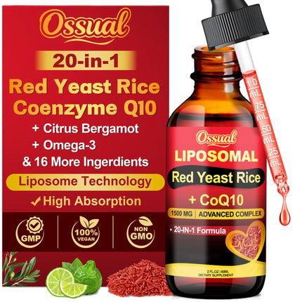 Ossual 20-in-1 Liposomal 1500MG Red Yeast Rice with CoQ10 Drops, Cholesterol Supplement with Citrus Bergamot, Omega-3, Magnesium, Astaxanthin for Heart, Immune - Vegan, Citrinin-Free | 2 Fl OZ