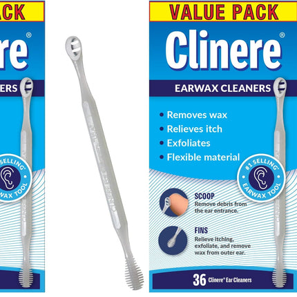 Clinere Ear Cleaners, Gentle Canal Cleaning and Ear Wax Removal Tool, Itch Relief, Exfoliates, 36 Count (Pack of 2)
