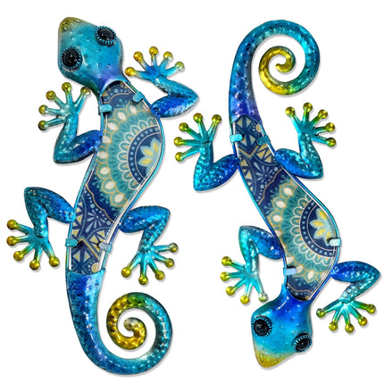 HONGLAND Metal Gecko Wall Art 2Pcs Outdoor Wall Decor 12 Inch Lizard Metal Hanging Wall Decoration Glass Sculpture for Garden Yard Patio Fence Home (Boho Blue)