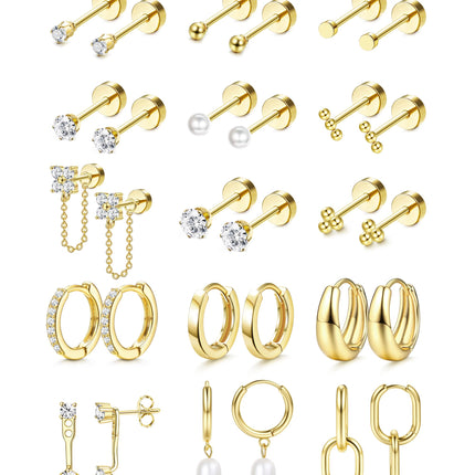 LOLIAS Flat Back Earrings for Women Hypoallergenic Surgical Steel Earrings for Sensitive Ears-20G Cartilage Earring Stacks 14K Gold Plated Hoops Flatback Stud Earring Sets for Multiple Piercing