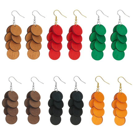 Bohemian Wooden Layered Disc Dangle Earrings, Boho Style Round Drop Earrings for Women, Lightweight Statement Jewelry for Daily Wear & Party (6 Circle Round Wooden Drop Earrings)