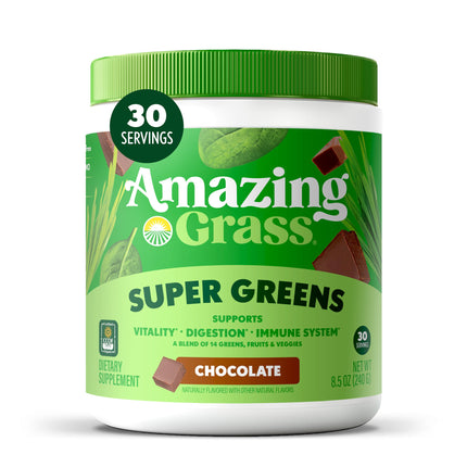 Amazing Grass Greens Blend Superfood: Super Greens Powder Smoothie Mix with Organic Spirulina, Chlorella, Beet Root Powder, Digestive Enzymes & Probiotics, Chocolate, 30 Servings (Packaging May Vary)