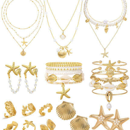 Vieyomn 32 Pcs Starfish Seashell Jewelry Set for Women Layer Necklace Bracelets Stackable Shell Starfish Rings Stud Earrings Pearl Beach Vacation Accessories