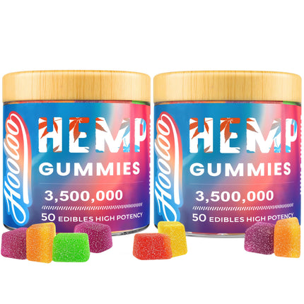 HOOLOO Hemp Gummies Big Cubes Extra Strength for Bedtime Support, Unwind, 2 Packs, 6 Fruity Flavors Chewable Hemp Gummy Vitamins for Adults, Made in USA