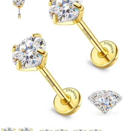 GEMQUEEN 8 PCS Moissanite ＆ G23 Titanium Flat Back Earrings Hypoallergenic