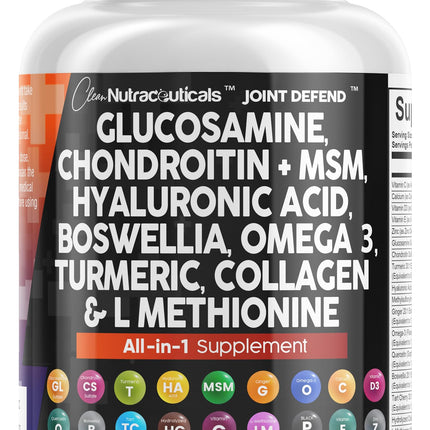Clean Nutraceuticals Glucosamine 1500mg Chondroitin 1200mg MSM with Turmeric Curcumin, Collagen, Hyaluronic Acid, Omega 3 – Joint Health Supplement for Men & Women – Joint Complex – 120 Count