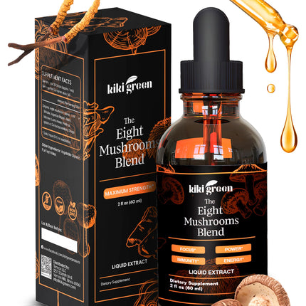 Kiki Green 8 Mushrooms Liquid Extract Drops - Adaptogenic Complex for Cognitive Support, Immunity Boost - Lions Mane Supplement, Cordyceps, Chaga, Reishi, Shiitake, Maitake, Red Reishi