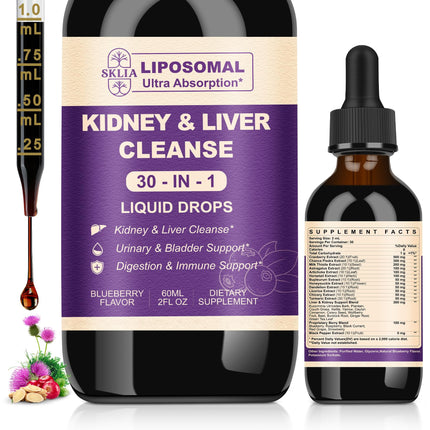 30-in-1 Kidney and Liver Cleanse Detox & Repair Drops with Cranberry Extract, Milk Thistle & Chanca Piedra, Vegan Kidney Support Supplement for Urinary Tract & Liver Support | Blueberry Flavor, 1P