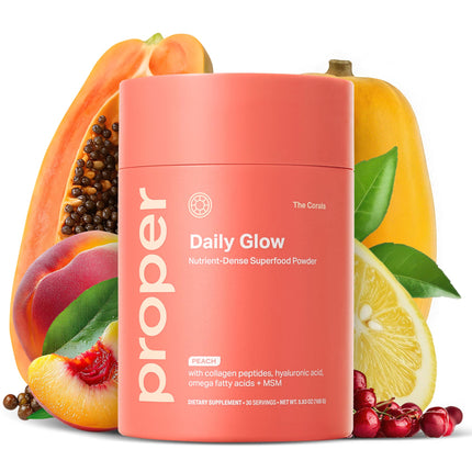 Proper, The Corals Daily Glow Beauty Blend - Nutrient Dense Superfood Powder with Collagen Peptides, Hyaluronic Acid Powder, Vitamin C, and MSM. Hair, Skin, Nail Vitamin Supplement for Women & Men