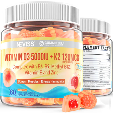 Vitamin D3 5000IU + K2 (MK-7) 120mcg, Sugar-Free Vitamin D3 K2 Filled Gummies with Vitamin B Complex - Methyl B12, B9, B6 | Vitamin E & Zinc, MCT Oil - Supports Bone & Teeth Strength, Immune, 1PACK