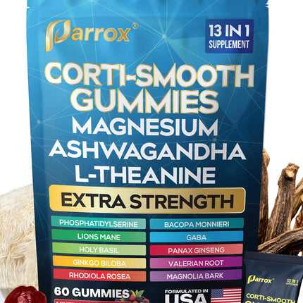 Parrox Corti-Smooth Cortisol Support Gummies with Magnesium, L-Theanine, Ashwagandha, Phosphatidylserine, Bacopa Monnieri, Lions Mane, Ginkgo Biloba, Valerian Root (60 Gummies - Mixed Berry Flavor)