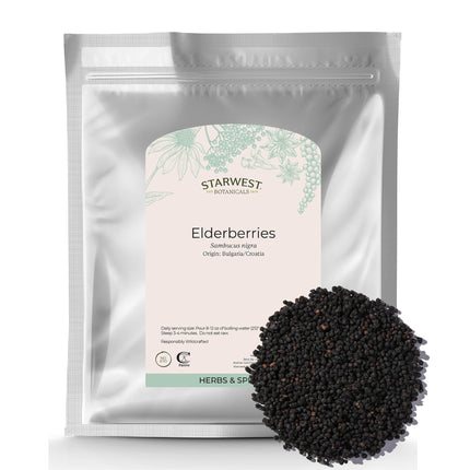 Starwest Botanicals Whole Elderberries - Dried Elderberries for Syrup, Tea, Gummies, & Jam, Certified Kosher, Wildcrafted Natural Berries - Bulk 1 lb Bag