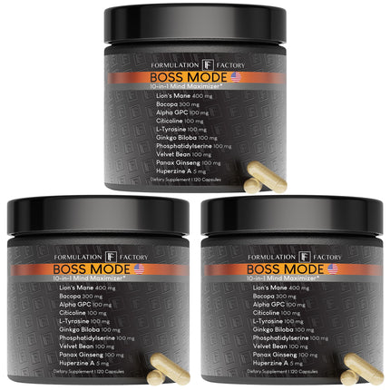 Formulation Factory BOSS Mode 10-in-1 Nootropic Complex with Lion's Mane, Alpha-GPC, Bacopa Monnieri, Ginkgo Biloba, Rhodiola, Ashwagandha & L-Tyrosine - 360 Capsules, 6 Month Supply