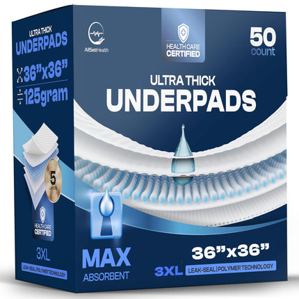 50 Pack Incontinence Bed Pads Disposable for Adults 125 Gram - 3XL 36" x 36" Super Absorbent Waterproof Bed Liner, Pee Pads for Adults - Chucks Pads