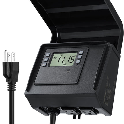 SURAIELEC Digital Pool Timer for Above Ground Pools, NEMA 5-15R Plug-in Timer with Dual Outlets, 15A 125V 1HP, Programmable 7-Day Schedule, Weatherproof Cover, for Pool Pumps, Lights and Salt Systems