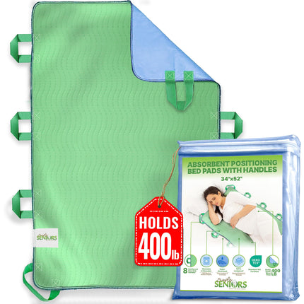 Absorbent Positioning Bed Pads for Elderly with 8 Handles 34"x52"- Washable Waterproof Incontinence Draw Sheets - Reusable Bed Mobility Under Pads for Seniors Disabled & Bedridden Patients-Fast-Drying