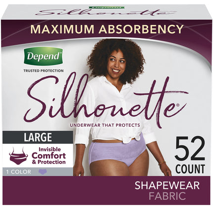 Depend Silhouette Adult Incontinence and Postpartum Underwear for Women, Large (40–52" Waist), Maximum Absorbency, Purple, 52 Count (2 Packs of 26)