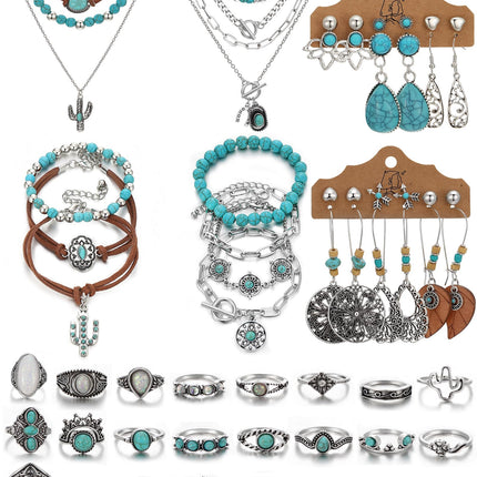 IFKM 50 PCS Silver Bohemian Jewelry Set With 7pcs Turquoise Necklace,12 pairs Dangle Earrings, 7pcs Stackable Bangle Bracelets, 24pcs Knuckle Rings For Women Vintage Western Boho Turquoise Anniversary Birthday Friendship Gift (Bohemian style)