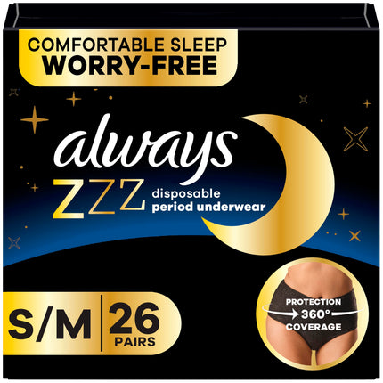 Always ZZZs Disposable Period Underwear, Size S/M, Absorbs 5X More Than an Ultra Thin Overnight Pad, Comfortable Sleep Worry-Free Nights 26 Count