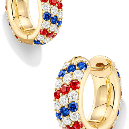 4th of July Independence Day Patriotic Hoop Earrings for Women, 250th Anniversary American Flag Red White Blue Usa earrings Cubic Zirconia Chunky 14K Gold Thick Small Huggie Hoops Non Tarnish Jewelry