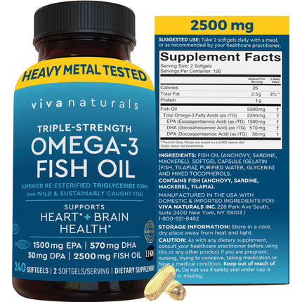 Viva Naturals Omega 3 Fish Oil Supplement for Women and Men - 2500 mg Triple Strength Fish Oil Pills with Re-Esterified Omega 3 Fatty Acids Including EPA, DHA DPA - 240 Pescatarian-Friendly Softgels